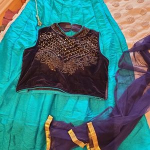 Turquoise Lehenga with navy blue velvet blouse and chunni (scarf)